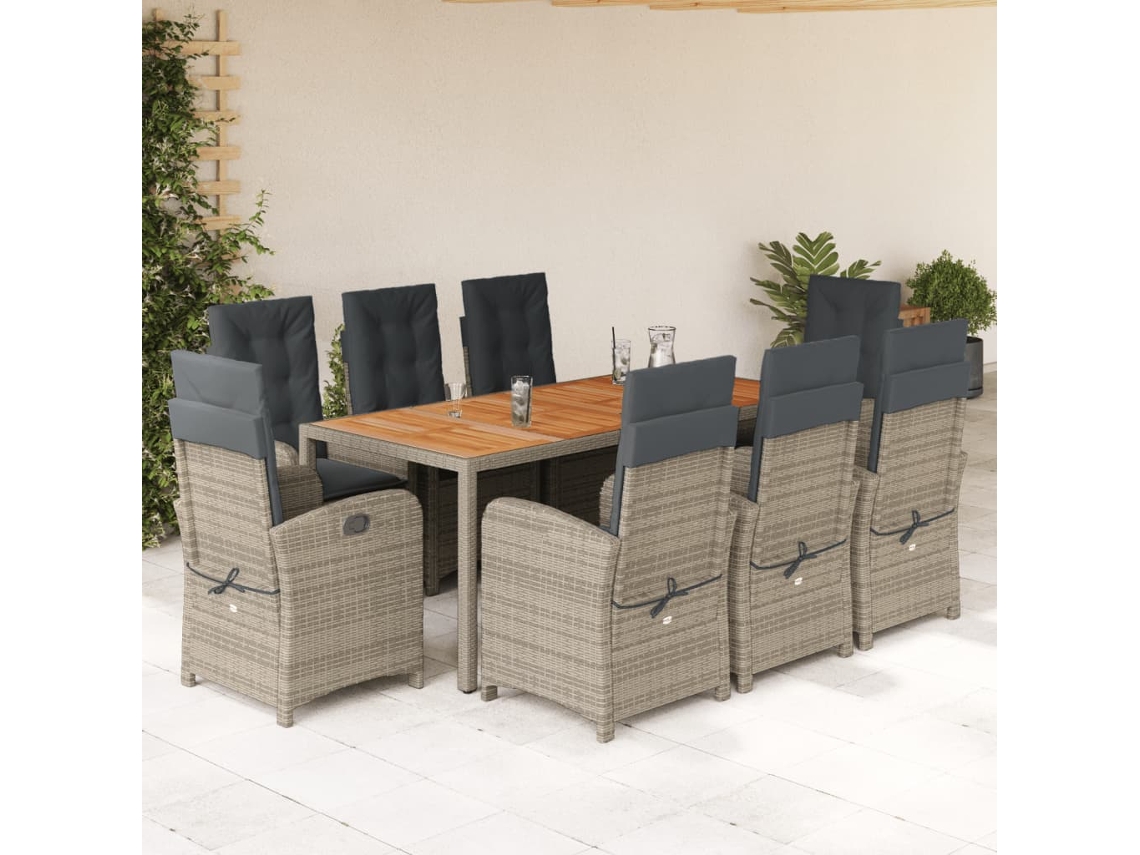 9 Pcs Conjunto De Jantar P/ Jardim C/ Almofadões Vime Pe Cinza Dkd Home Decor