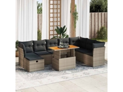 Vidaxl 9 Pcs Conjunto Sofás Jardim Almofadões Vime Pe/acácia Cinzento