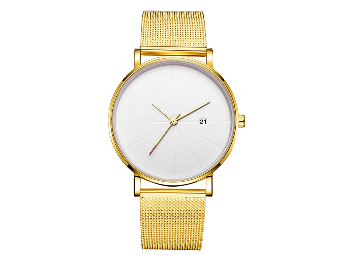 Reloj De Pulsera Mecánico De Cuarzo (correa Oro, Caja Oro, Esfera Blanca, Manecillas Oro)
