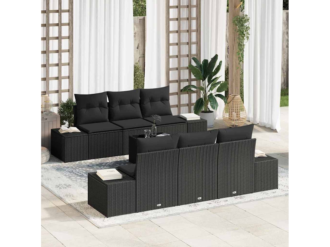 Vidaxl Conjunto De Sofá De Jardim 7 Unid. Preto Vime Pe