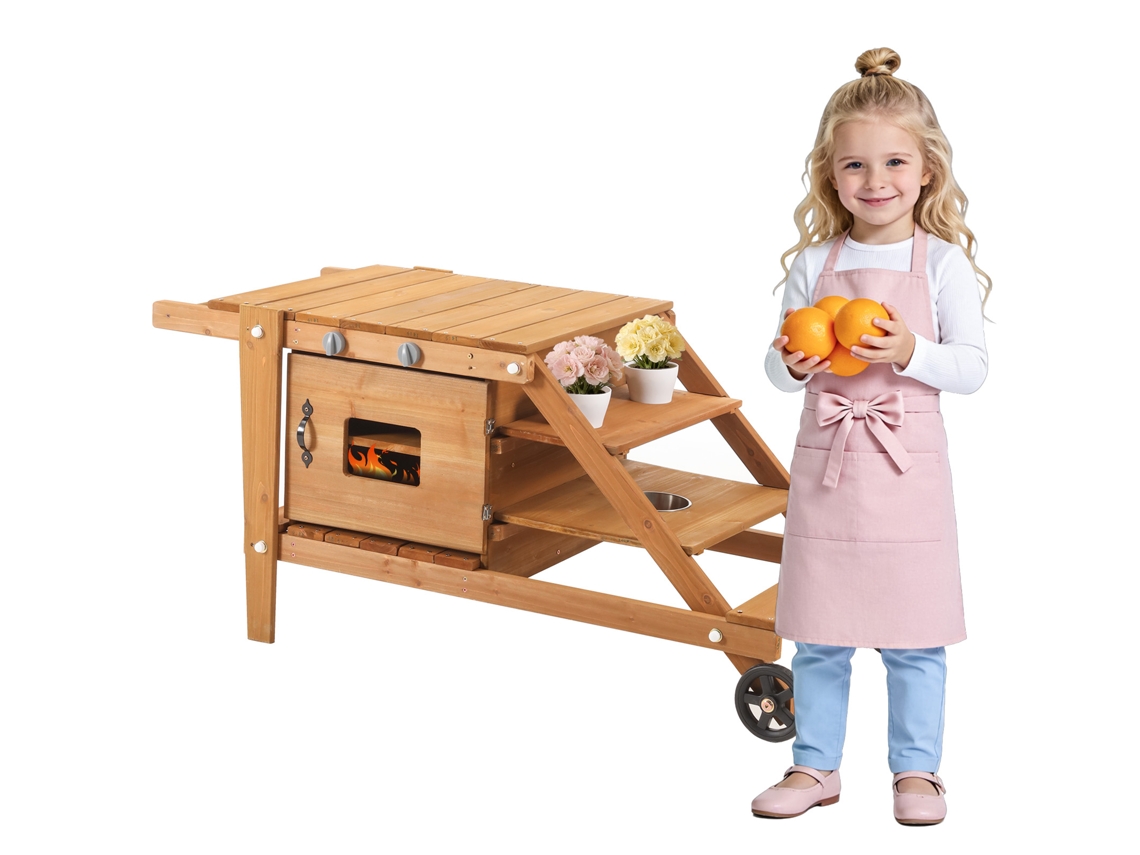 Cozinha de Lama Infantil com Rodas e Acessórios, Carrinho de Comida em Madeira, para Exterior, Natural TOPBRICO