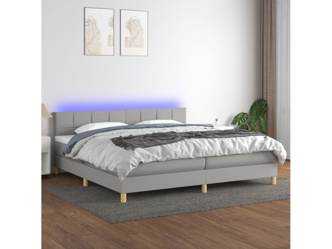Vidaxl Cama Box Spring C/ Colchão E Led 200x200 Cm Tecido Cinza-claro