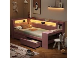 Cama Tipo Sofá-cama 90x200 - Acolchoada, Usb, Led, Secretária E 2 Gavetas - Rosa