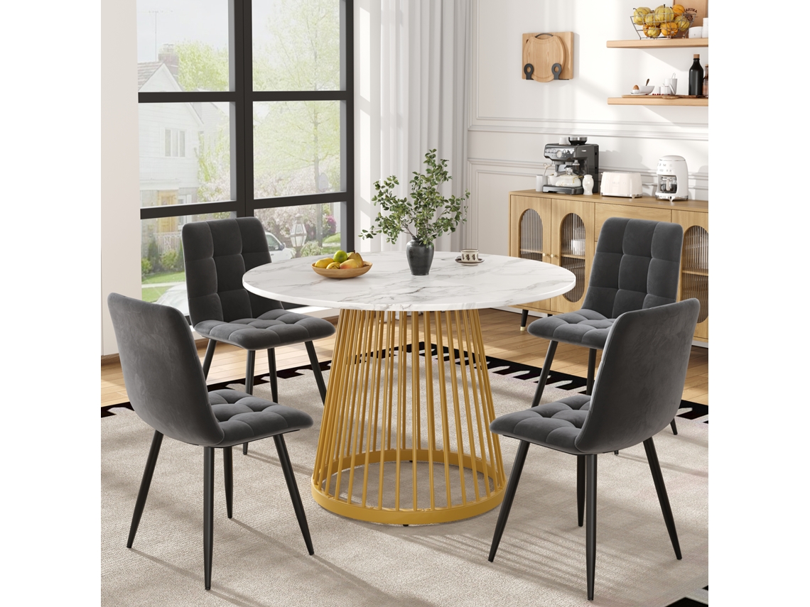 Conjunto Jantar 5pç, Mesa Redonda 100cm Branca + 4 Cadeiras Veludo Cinza, Pernas Douradas.-qq