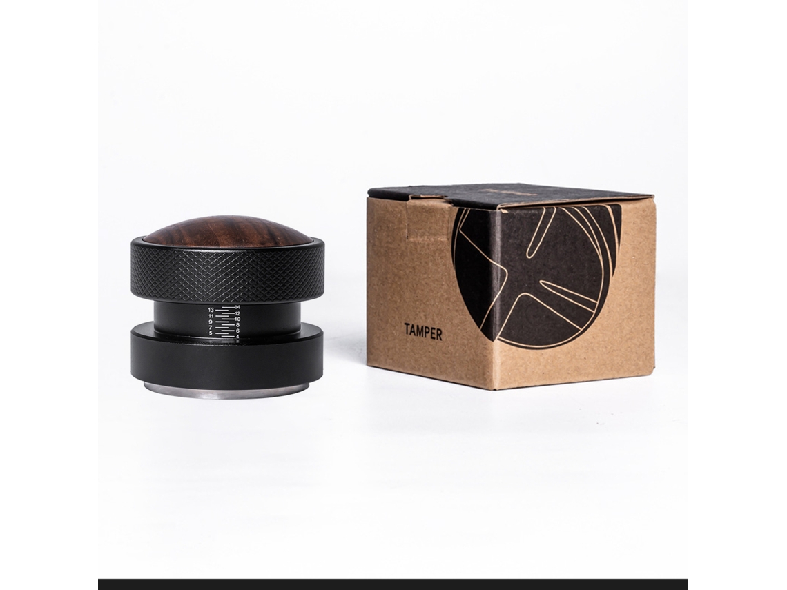 Pressionador de café espresso 53mm com mola e escala, base de aço inox, cabo de nogueira
