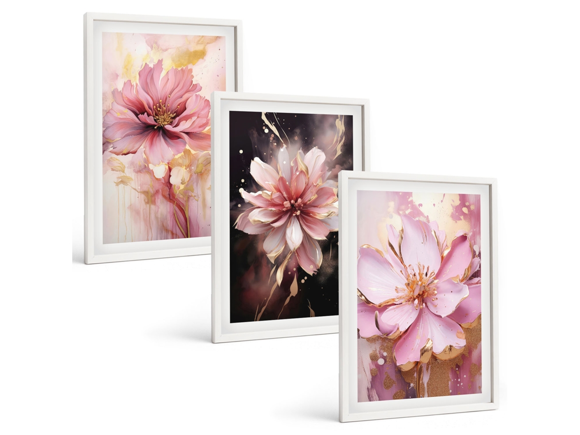 Conjunto De Pinturas Composições Florais Em Tons De Rosa E Branco Espelharte (3 Peças 40x60 Cm)