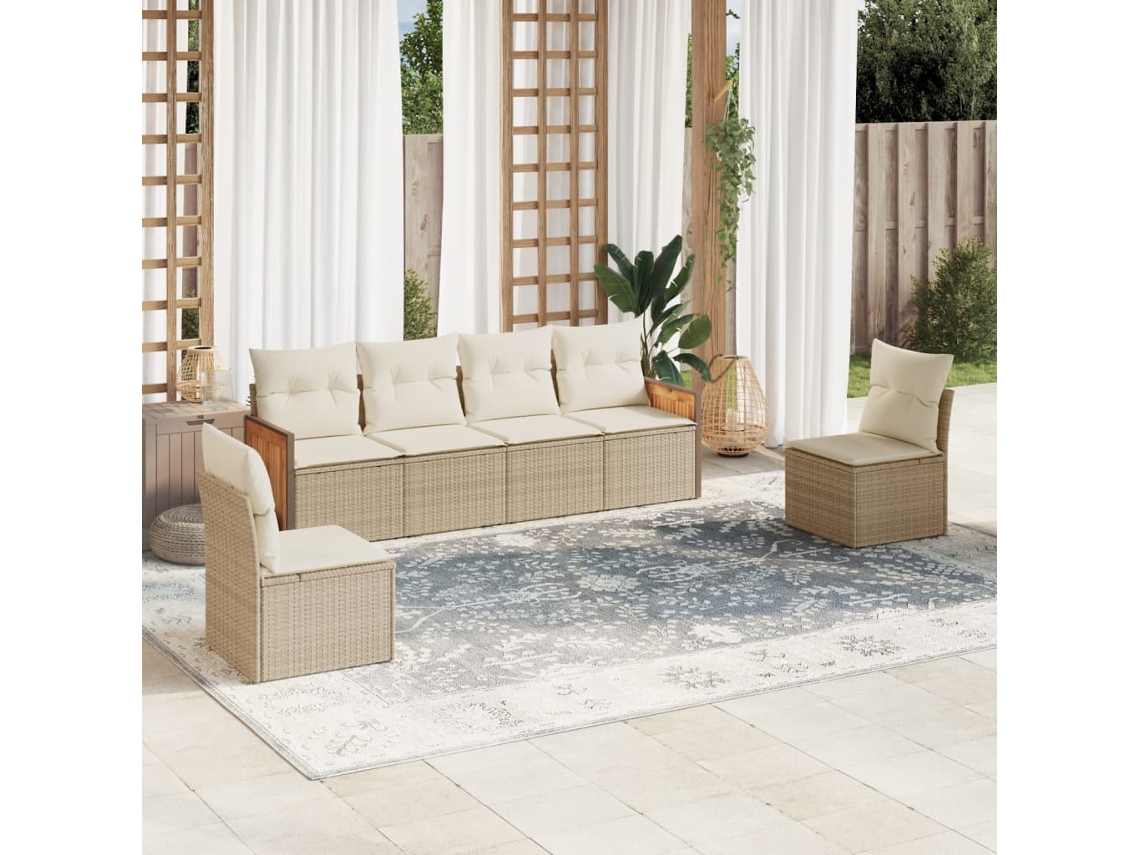 Vidaxl 6 Pcs Conjunto De Sofás P/ Jardim Com Almofadões Vime Pe Bege