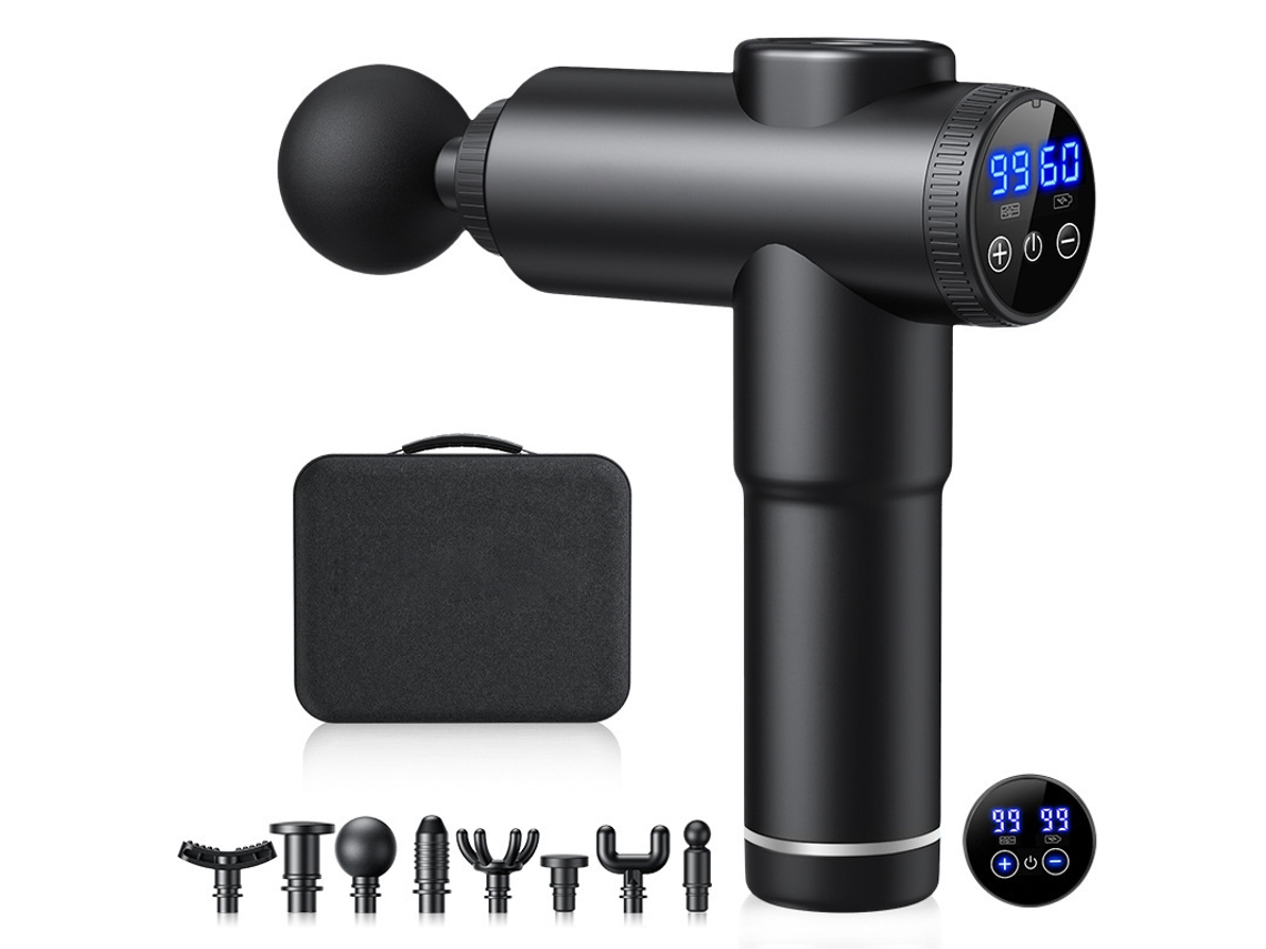 Pistola de Massagem Muscular Portátil Recarregável, 99 Níveis, 8 Cabeças e Bolsa Transporte, Compacto, Recarregável, Uso Diário, Higiênico STELASPLEN
