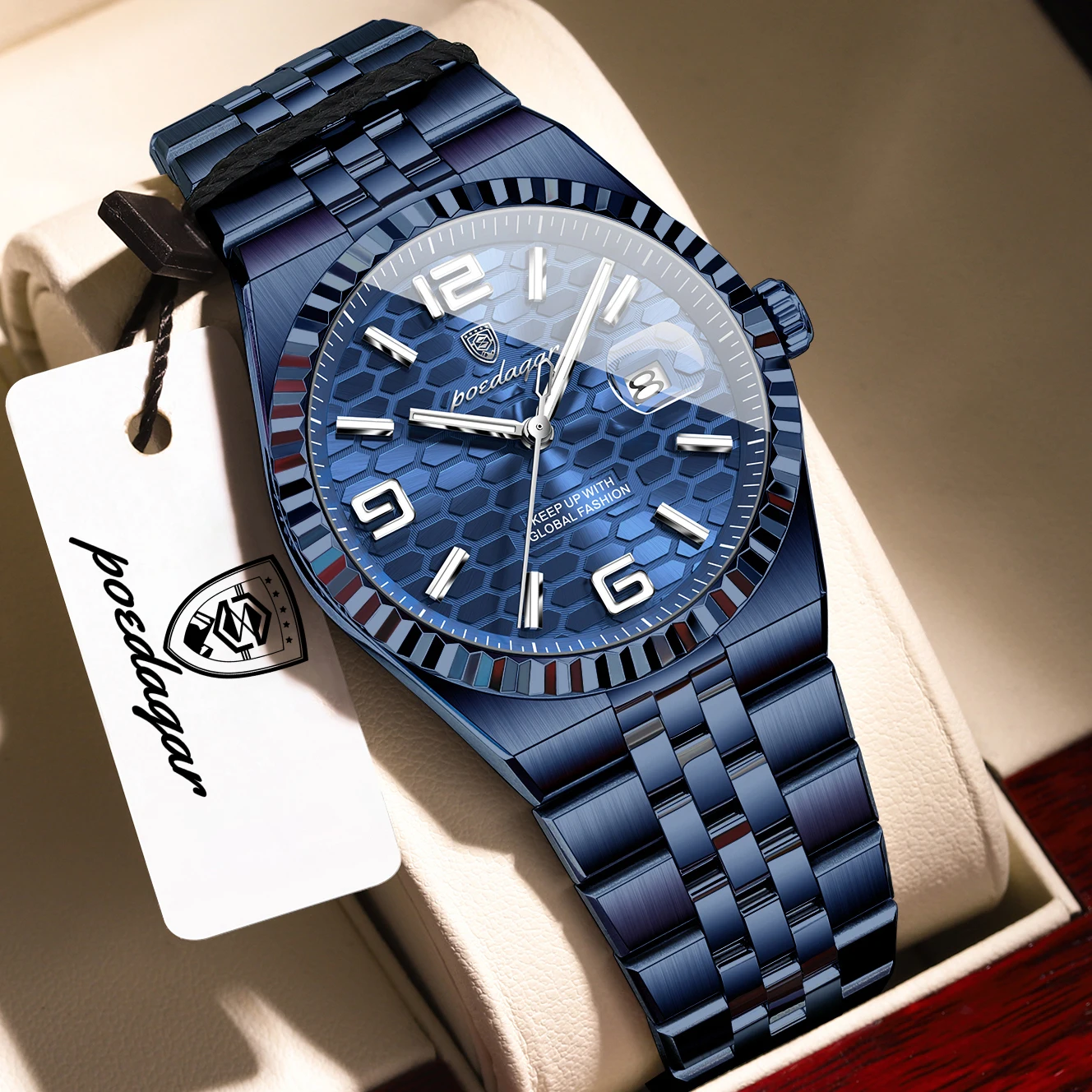 (azul) Relógio De Pulso Masculino Elegante, À Prova D'água, Luminoso, Com Data, Em Aço Inoxidável, Quartzo, Estilo Casual.