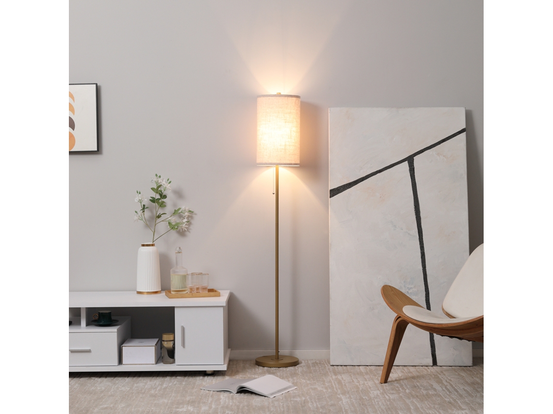 Luminária Chão Sala, Cúpula Linho, Interruptor Corrente, Base Aço, E27, Quarto, Branco Creme.