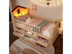 Cama Mezanino 90x200cm, Formato De Casa, Janela, 4 Gavetas, Luz De Led, Escada, Sem Colchão, Natural.
