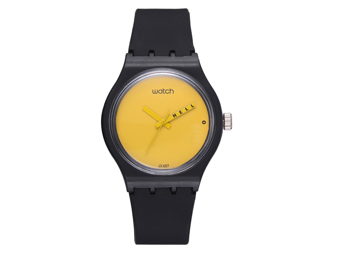 Relógio de pulso preto casual de quartzo com pulseira de silicone redonda e simples.