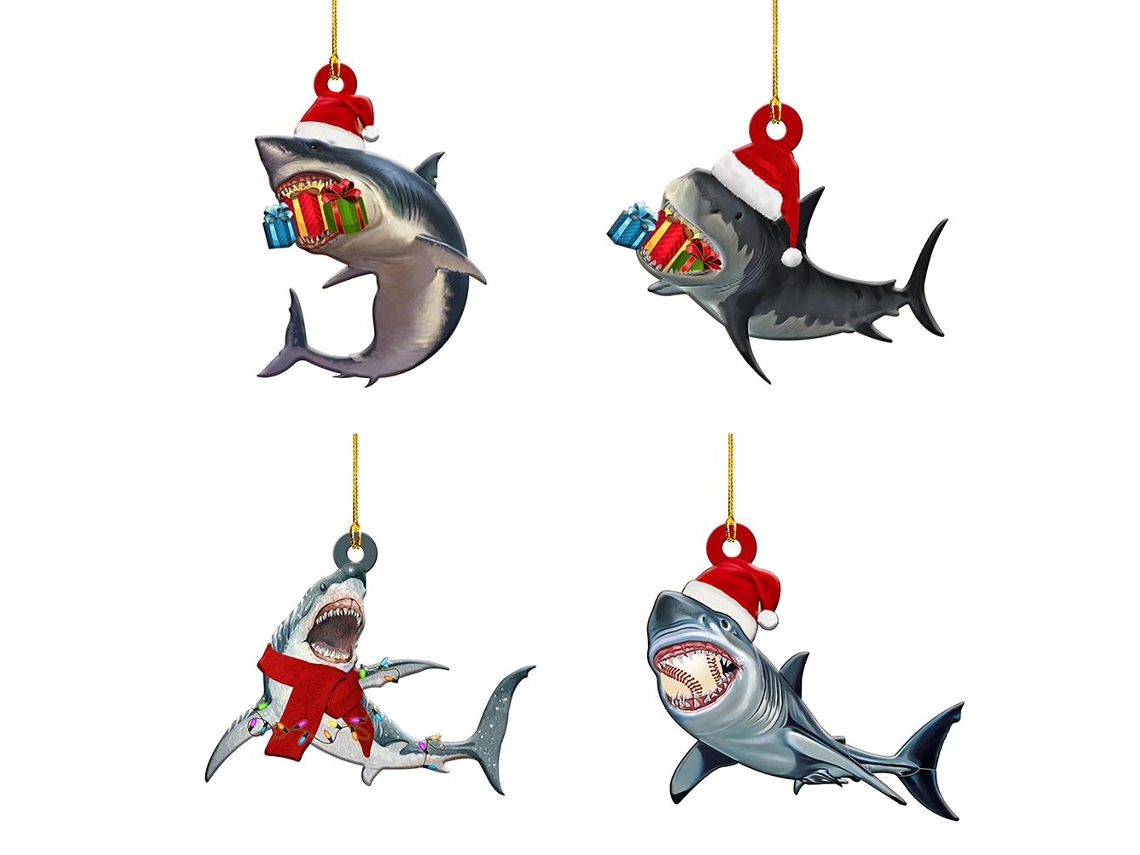 Conjunto de 4 pendentes de madeira Natal, árvore e tubarão para decoração LAXISCREED