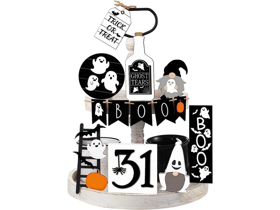 Decoração de Prato Multicamada de Madeira com Fantasma Cute Spooky para Festival Preto e Branco com S/MARCA