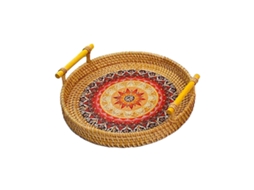 KOFIHETY Bandeja Redonda Com Incrustações De Madrepérola, Bandeja De Servir Feita À Mão Em Rattan Para Café, Pão E Frutas, Cesta Decorativa De Design Tradicion