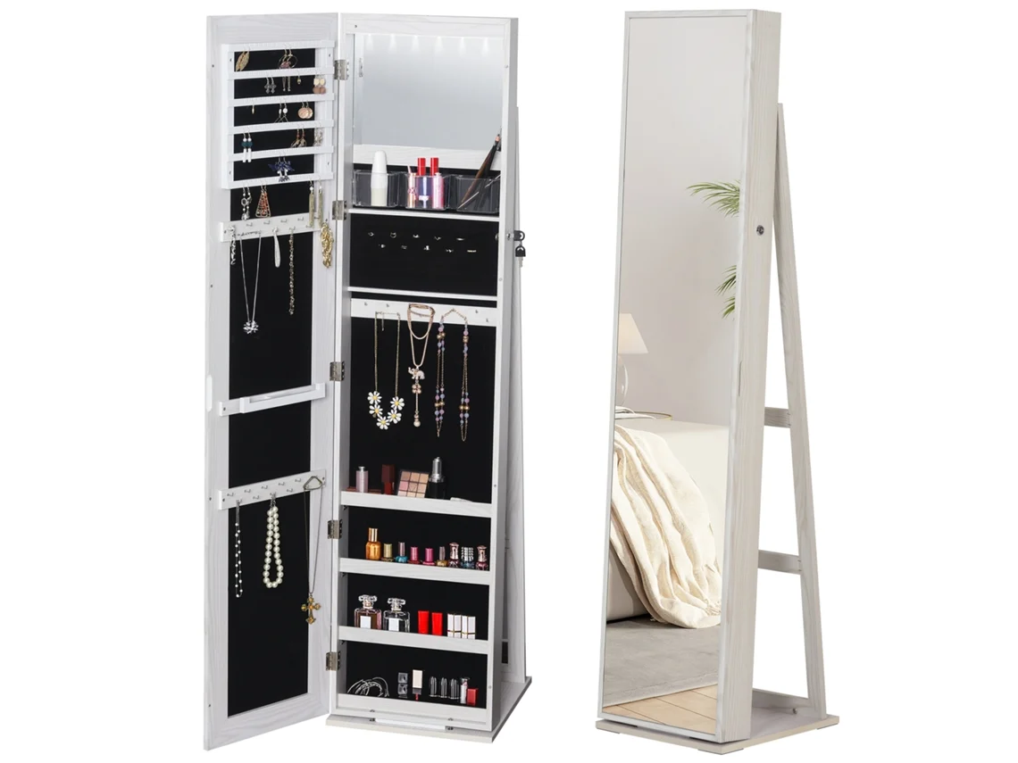 Espelho Joalheiro de Pé Mdf e Vidro Cor Branco 38x38x157 cm Homcom