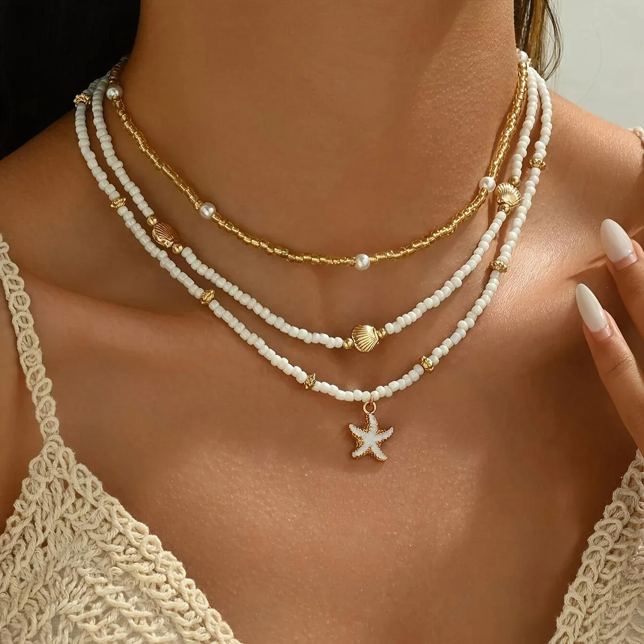 (branco) Colar Feminino Vintage Multicamadas Feito À Mão Com Miçangas