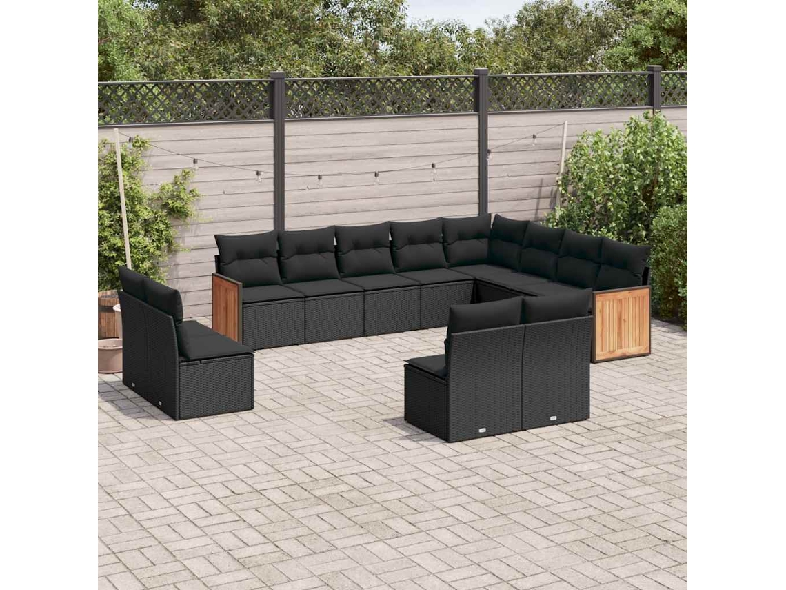 Vidaxl 12 Pcs Conjunto De Sofás De Jardim C/ Almofadões Vime Pe Preto
