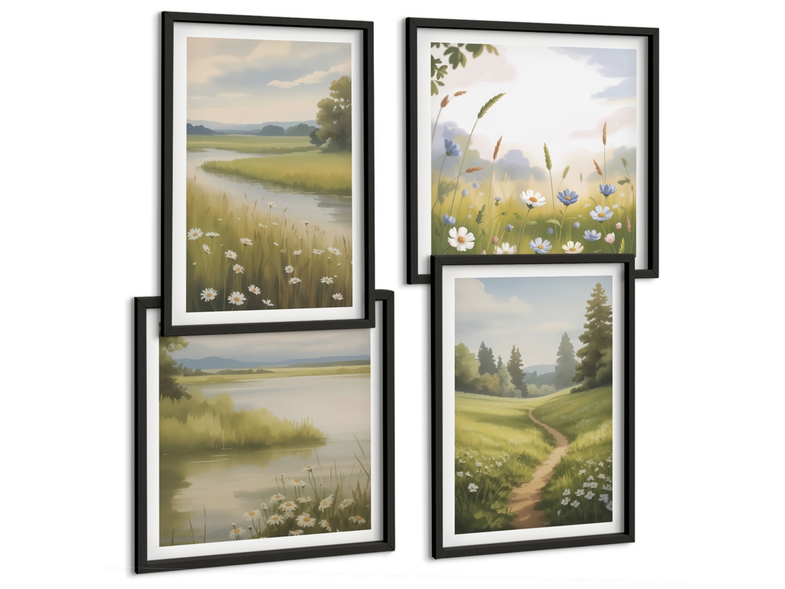 Composição De Quadros Composições Florais Em Tons De Rosa E Branco Moldura Preta Quadros Para O Escritório Espelharte (conjunto De 4 Imagens)