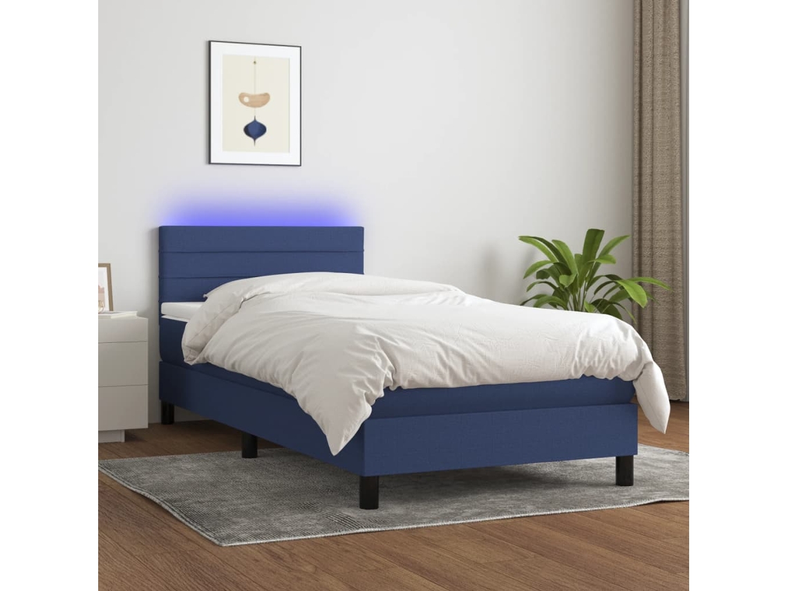 Vidaxl Cama Box Spring C/ Colchão E Led 80x200 Cm Tecido Azul