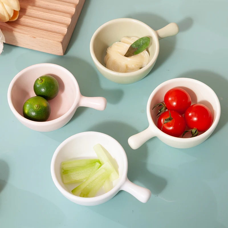 (4 Peças) 4 Pratos Redondos De Cerâmica Com Alças, Mini Tigelas Charmosas, Tigelas Cremosas Para Sobremesas E Cereais.