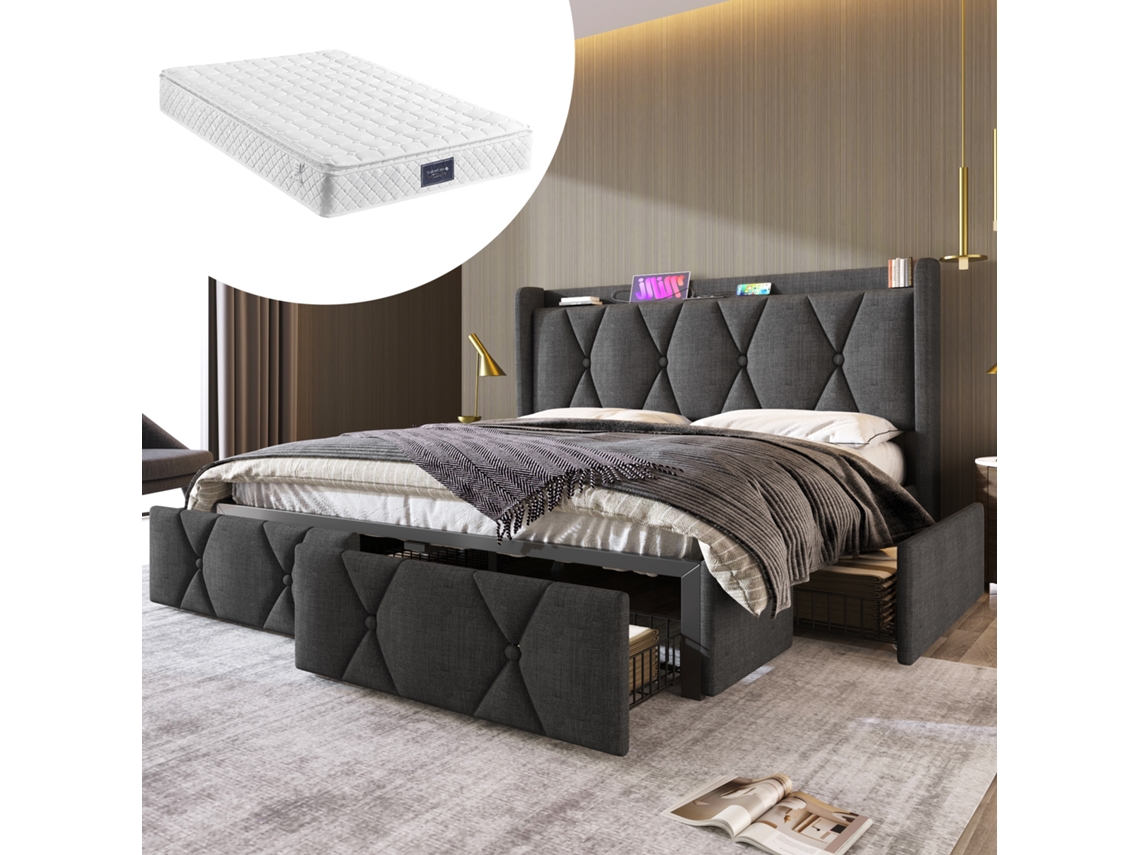 Cama de Casal 140x200 Cm com Led, Porta Usb, 4 Gavetas, Arrumação Hidráulica, Estrado de Ripas em Madeira Cinza, com Colchão VSOGA