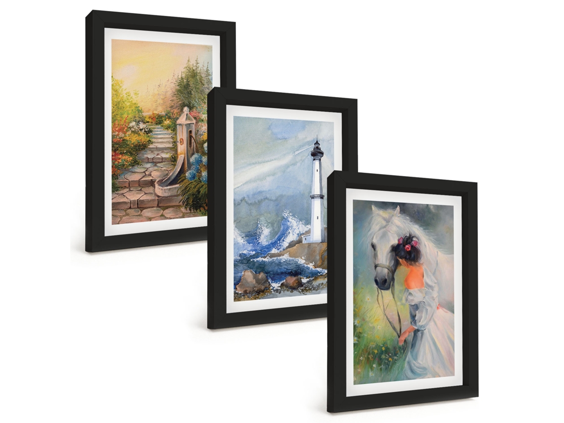 Composição De Quadros Cenário De Farol, Menina A Cavalo Espelharte (3 Peças 20x30 Cm)