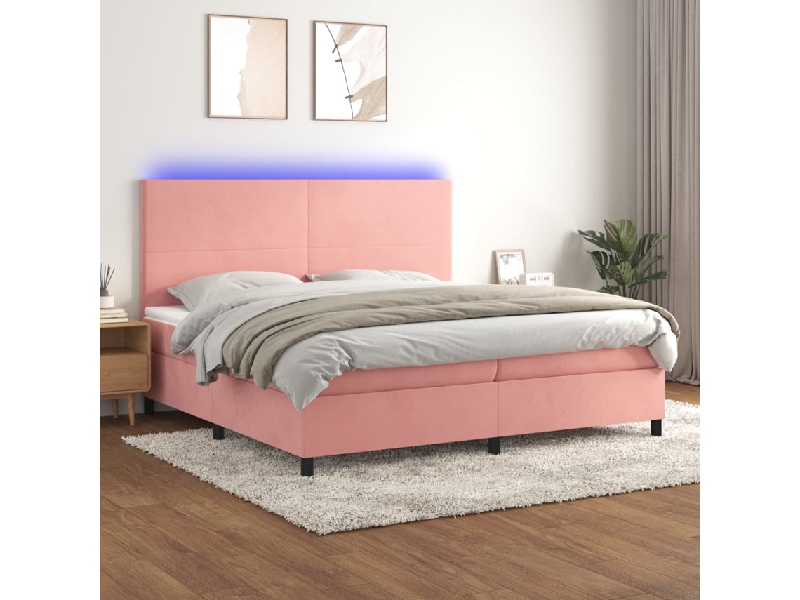 Vidaxl Cama Box Spring C/ Colchão/led 200x200 Cm Veludo Rosa