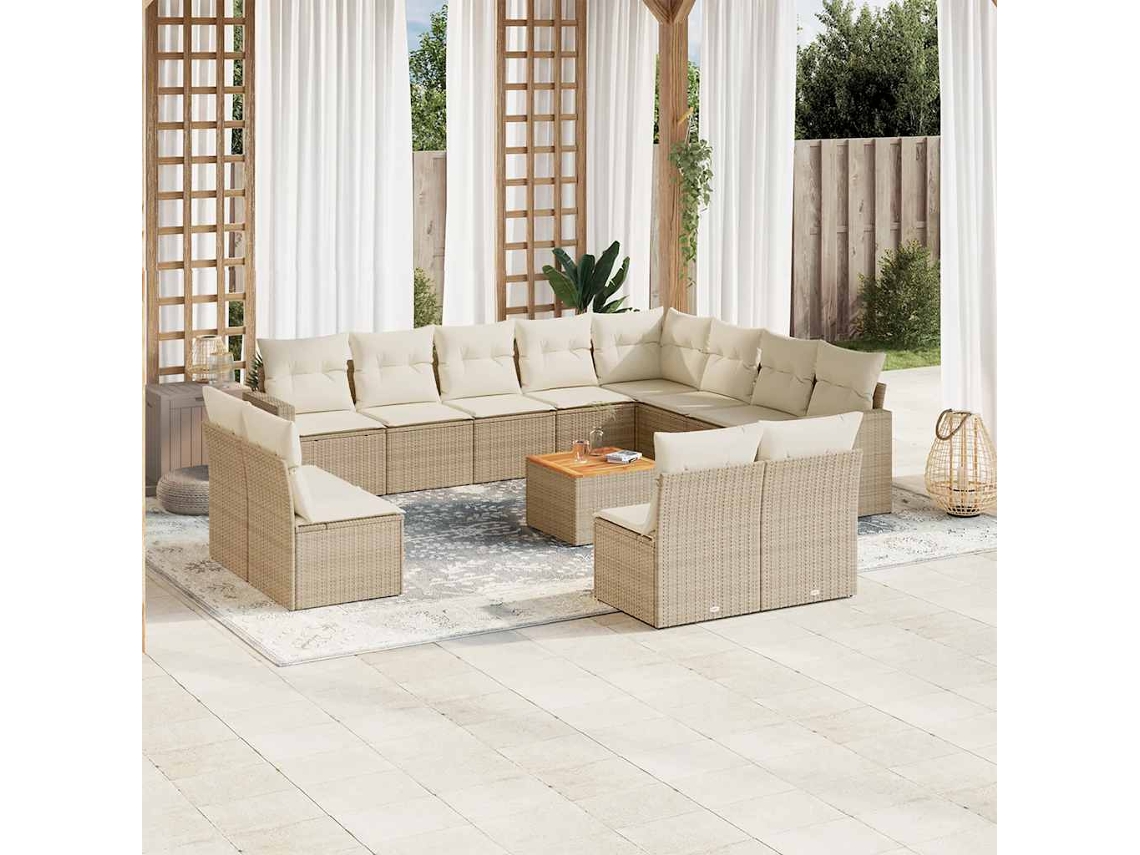 Vidaxl 13 Pcs Conjunto De Sofás P/ Jardim Com Almofadões Vime Pe Bege