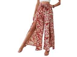 2026 pantalones Largos de Pierna Ancha Con Estampado Floral Boho, Abertura Y Lazada Frontal XL Rojo