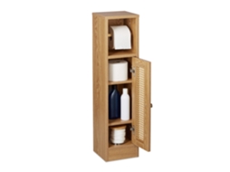 Armário fino para papel higiênico com armazenamento ajustável e detalhado em rattan.