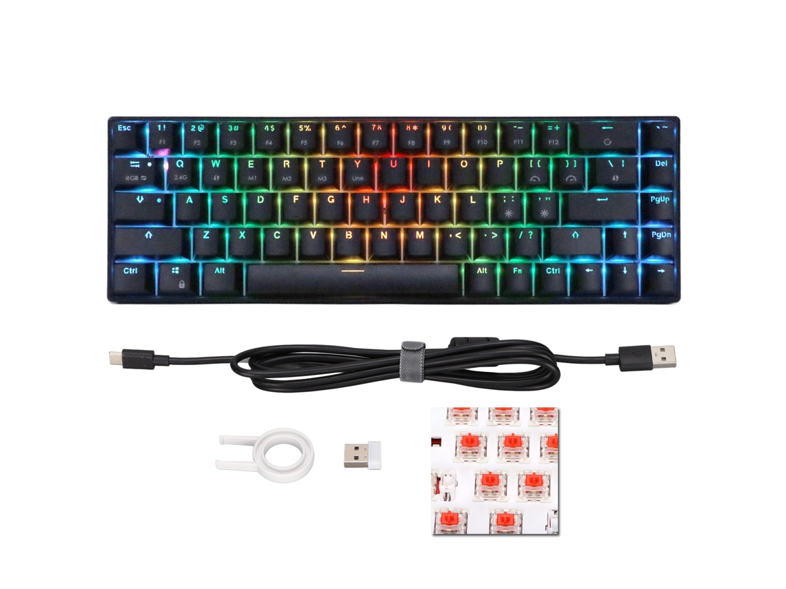 Lurelia Teclado Mecânico Sem Fio 2.4g Preto Com 68 Teclas, Retroiluminação Rgb Dinâmica, Gamer Sem Fio Para Windows Com Switch Vermelho