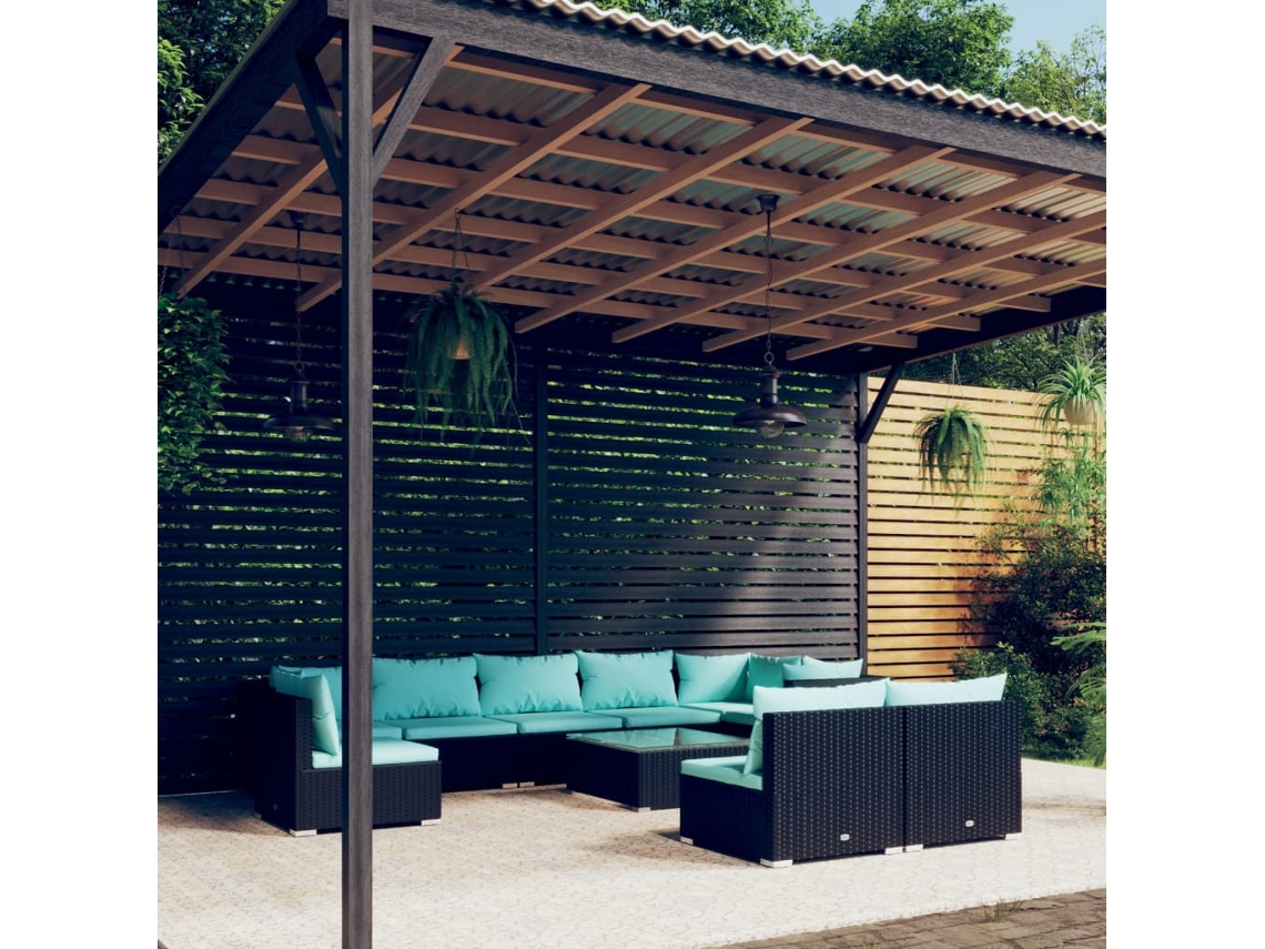 Vidaxl 10 Pcs Conjunto Lounge De Jardim C/ Almofadões Vime Pe Preto