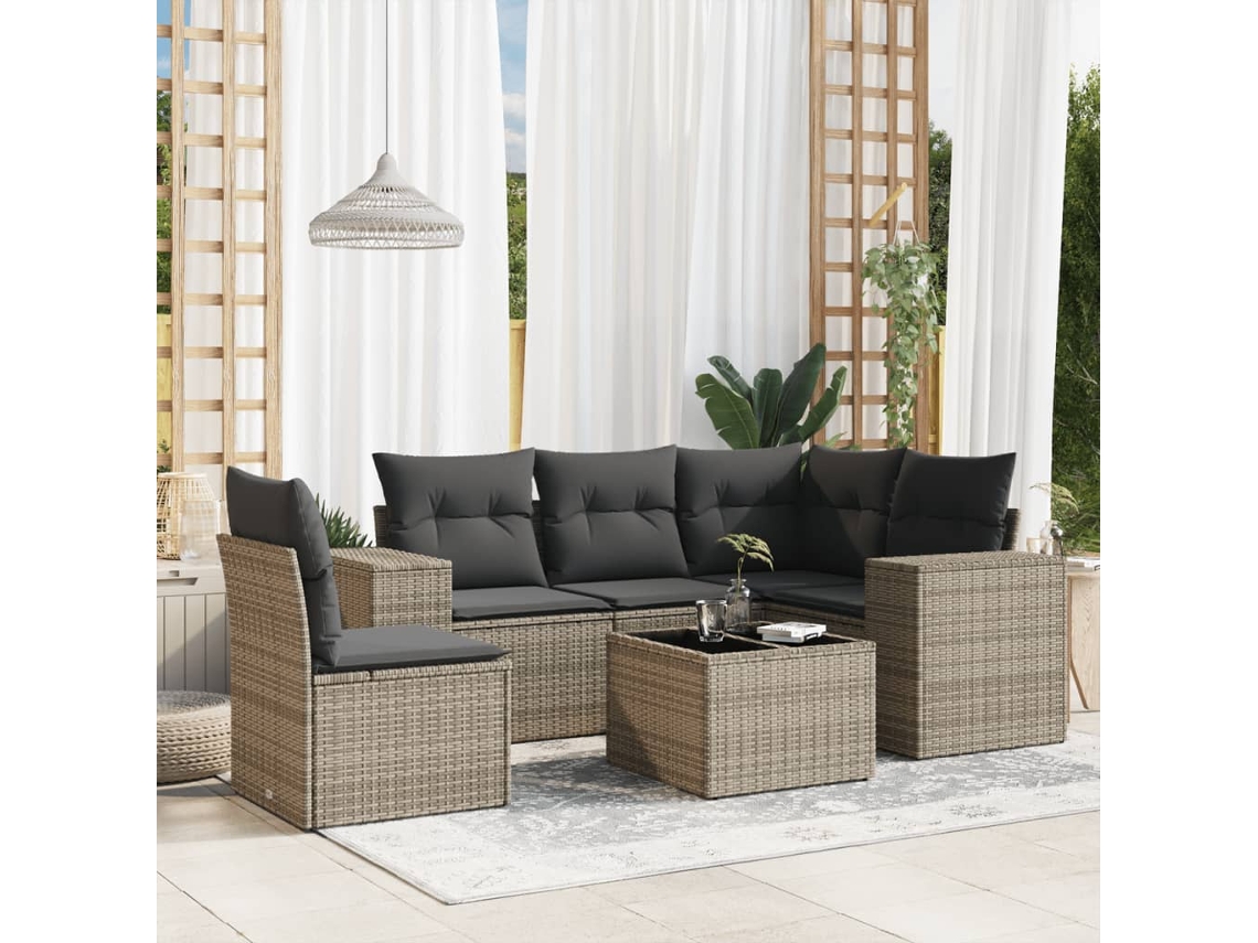 Vidaxl 6 Pcs Conjunto Sofás De Jardim Com Almofadões Vime Cinzento