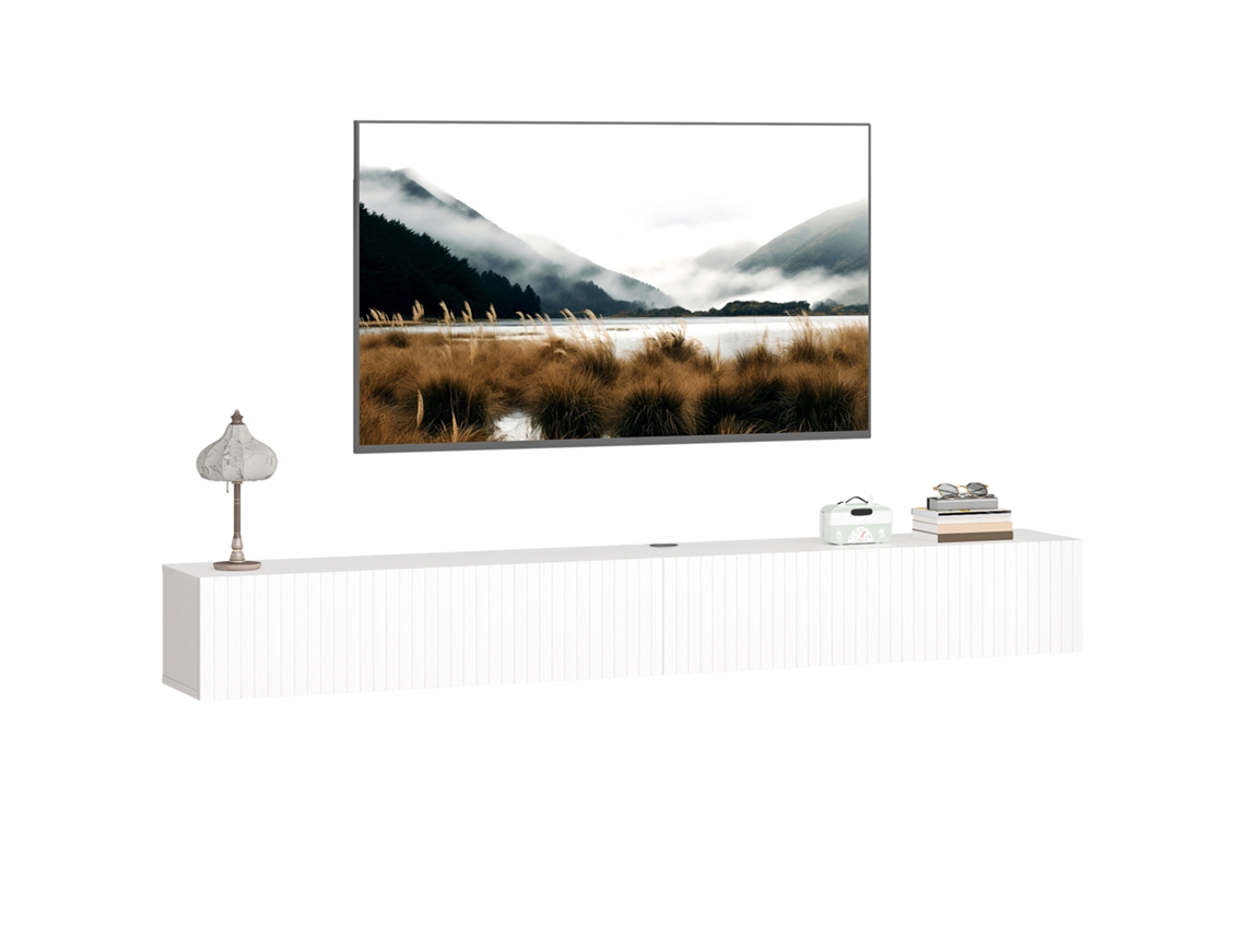 Móvel Tv Suspendu 180cm, Móvel Tv Pour Téléviseur 72 Pouces, 2 Portes Rabattables, 180x25x22cm, Branco