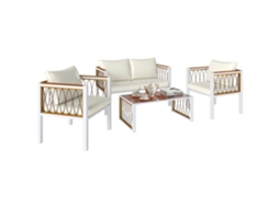 Conjunto Lounge 4 Peças Polyrattan QINGYU TECH com sofá, cadeiras, mesa de vidro, almofadas e esteira