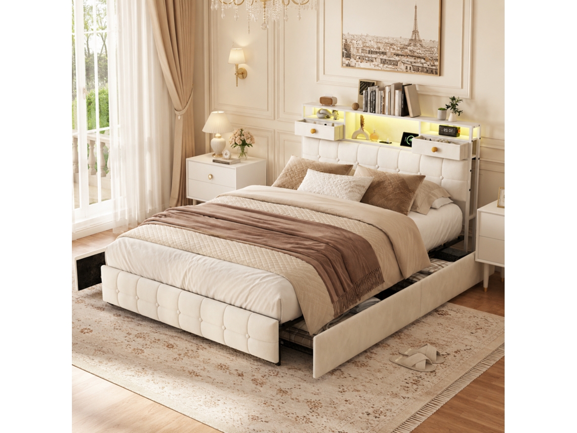 Cama Estofada 160x200 Cm Com Iluminação Led E Usb, Cama Juvenil Com 4 Gavetas, Estrutura De Cama, Cabeceira Com Gaveta, Veludo, Bege, Mexus