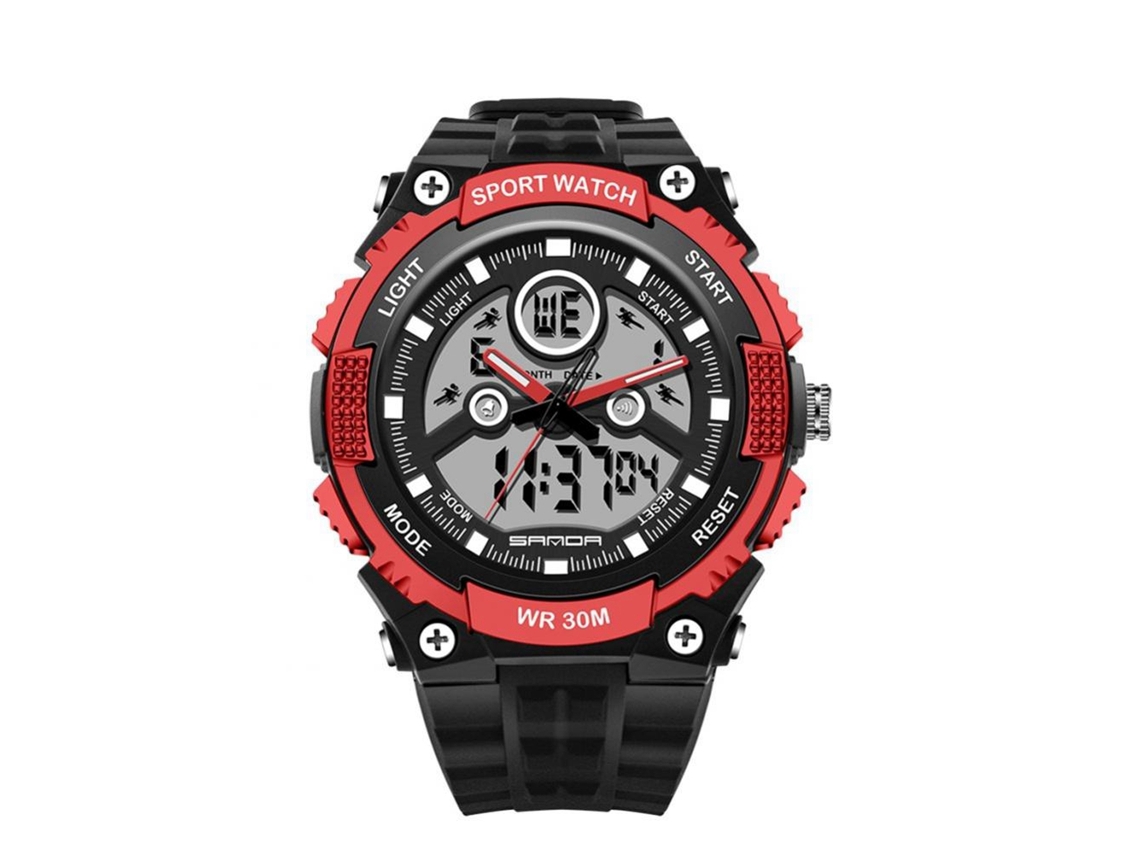 Relógio esportivo eletrônico masculino Senda com pulseira à prova d'água preta e vermelha.