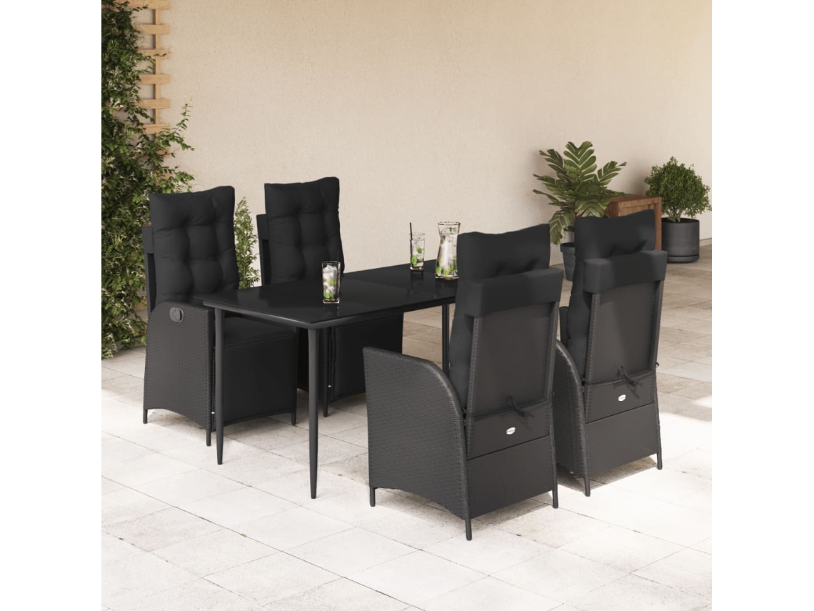 Vidaxl 5 Pcs Conjunto De Jantar P/ Jardim C/ Almofadões Vime Pe Preto
