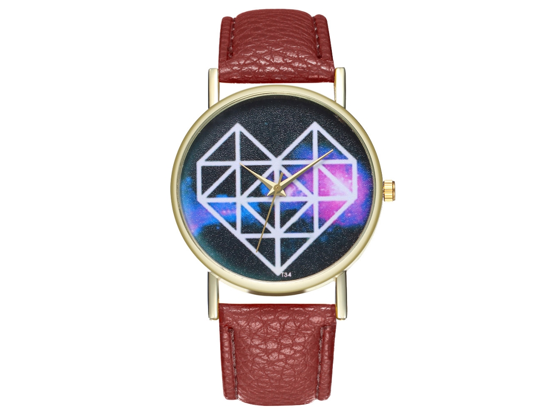 Relógio de casal com pulseira de couro PU, mostrador casual em formato de coração, linhas geométricas, movimento de quartzo, marrom.