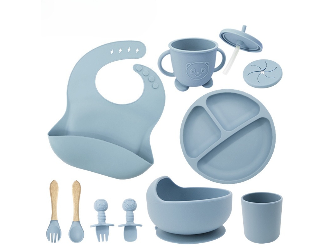 Conjunto de Utensílios de Silicone para Alimentação Infantil, com Ventosas na Base, 10 Peças Azul PANOONA
