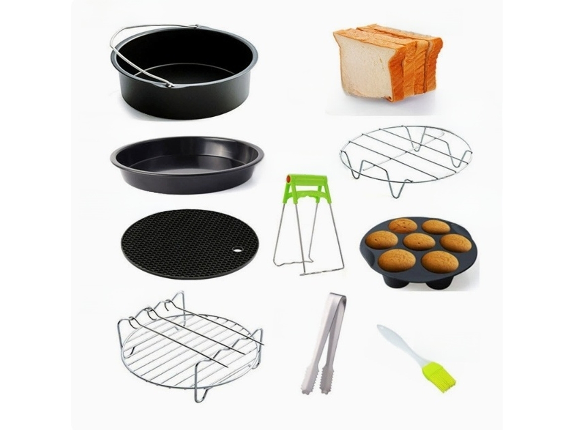 Acessórios para Air Fryer, Conjunto de 10 Peças com Forma Antiaderente Bolo, Pizza, Muffins, Suporte Metal, Espetos, Tapete Silic AQUAFORGE