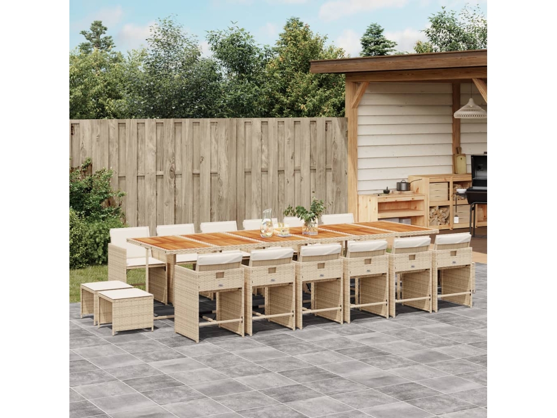 Vidaxl 17 Pcs Conjunto De Jantar P/ Jardim C/ Almofadões Vime Pe Bege