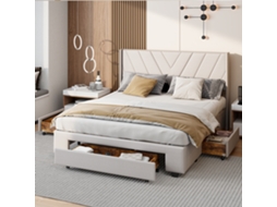 Cama De Casal Grande 160x200cm Com 3 Gavetas, Cama Acolchoada Adulta Com Armazenamento Extra E Cabeceira Larga Em Linho Bege