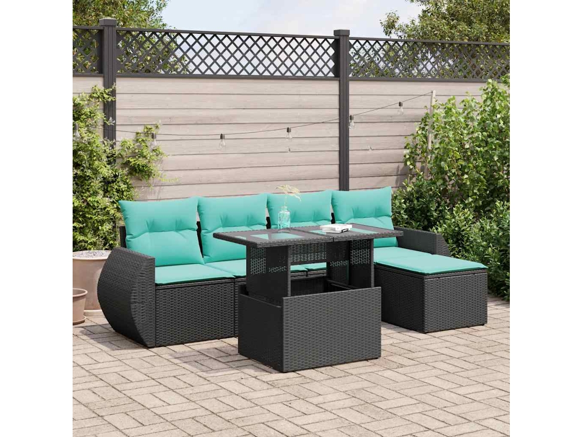 Vidaxl 6 Pcs Conjunto Sofás Jardim C/ Almofadões Vime Pe/acácia Preto