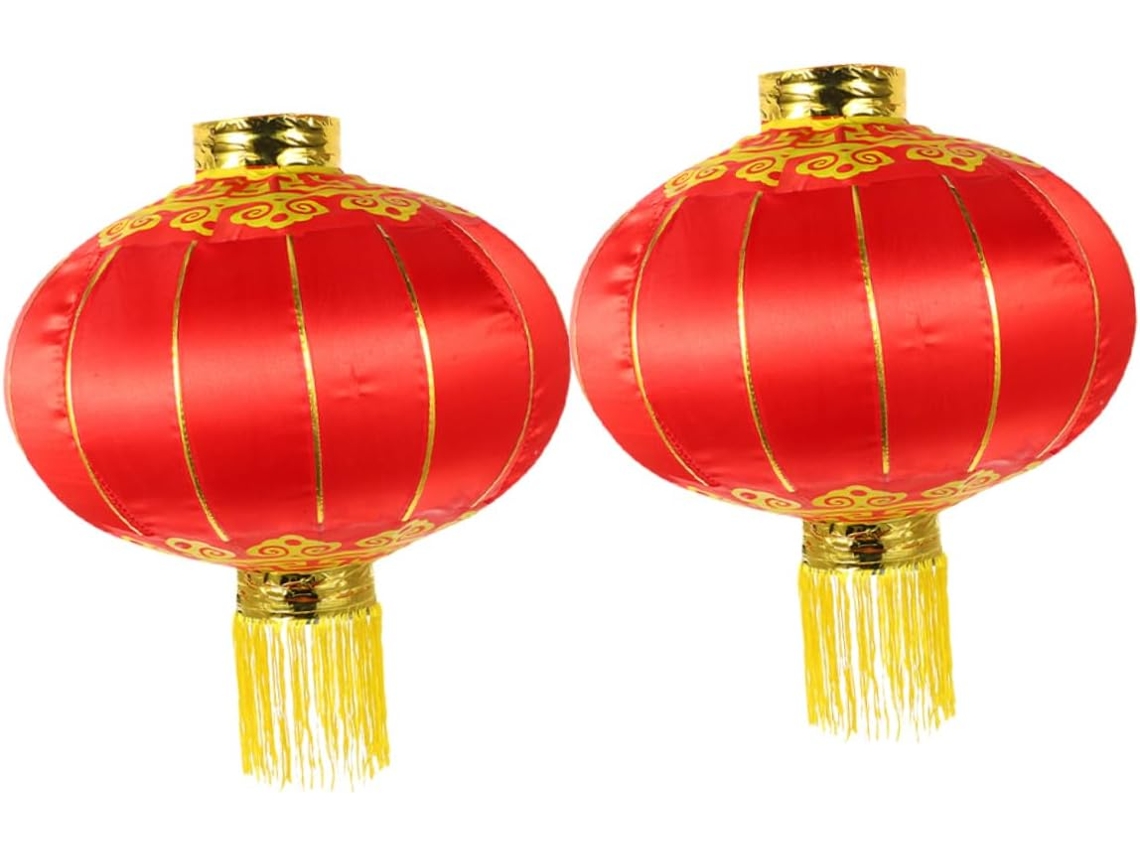 Conjunto de 2 Lanternas Chinesas Vintage Ovais de Seda Vermelha para Pendurar, em Estilo Asiático e Oriental. SFUSHOS