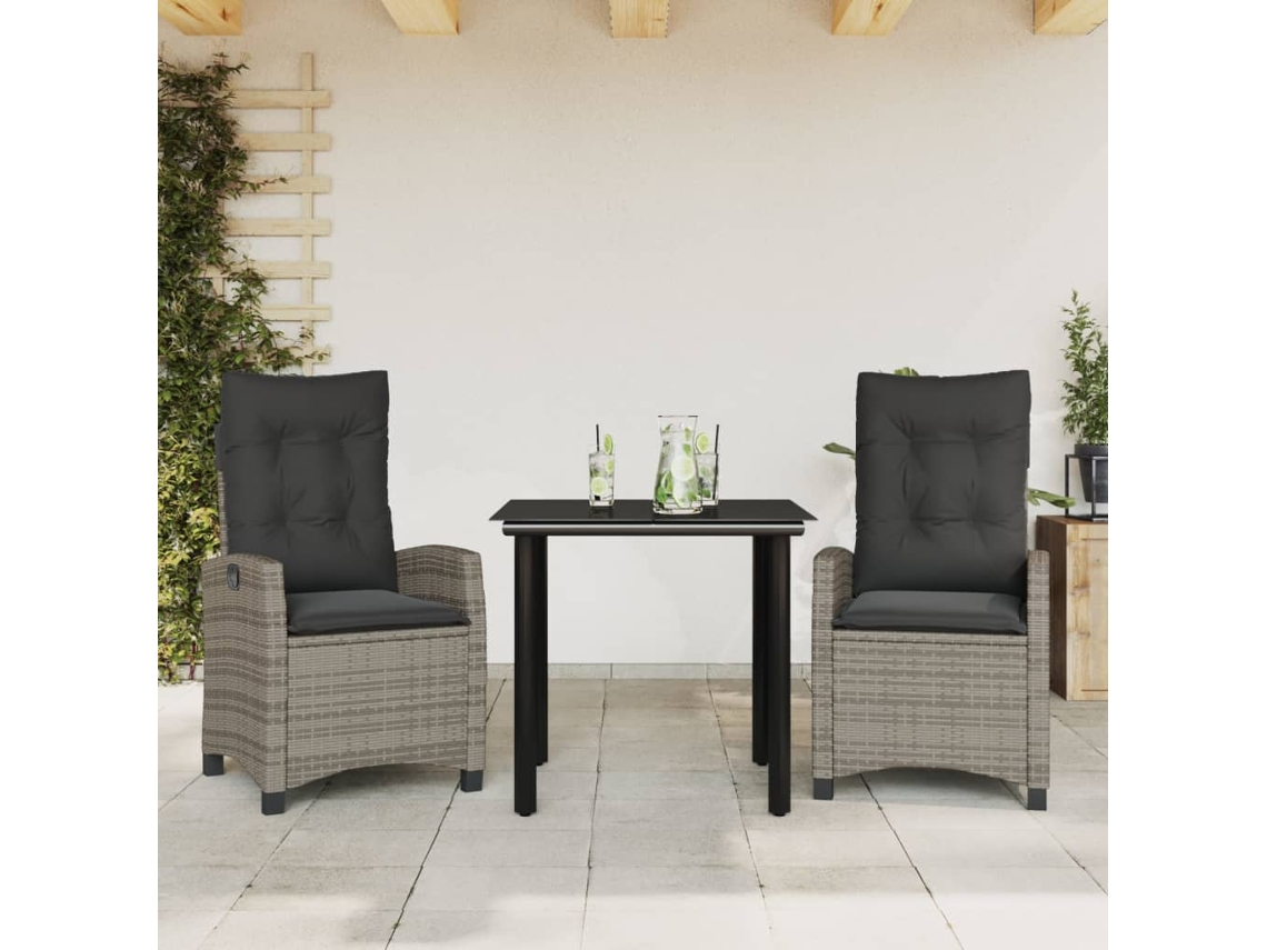 3 Pcs Conjunto De Jantar P/ Jardim C/ Almofadões Vime Pe Cinza Dkd Home Decor
