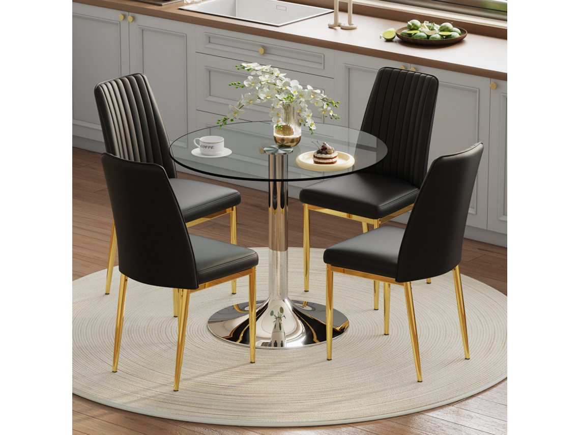 Conjunto de Sala de Jantar 3 Peças com Mesa de 80x80x75 Cm em Vidro Temperado e Pernas Galvanizadas Cinza e Prateado NOVELA