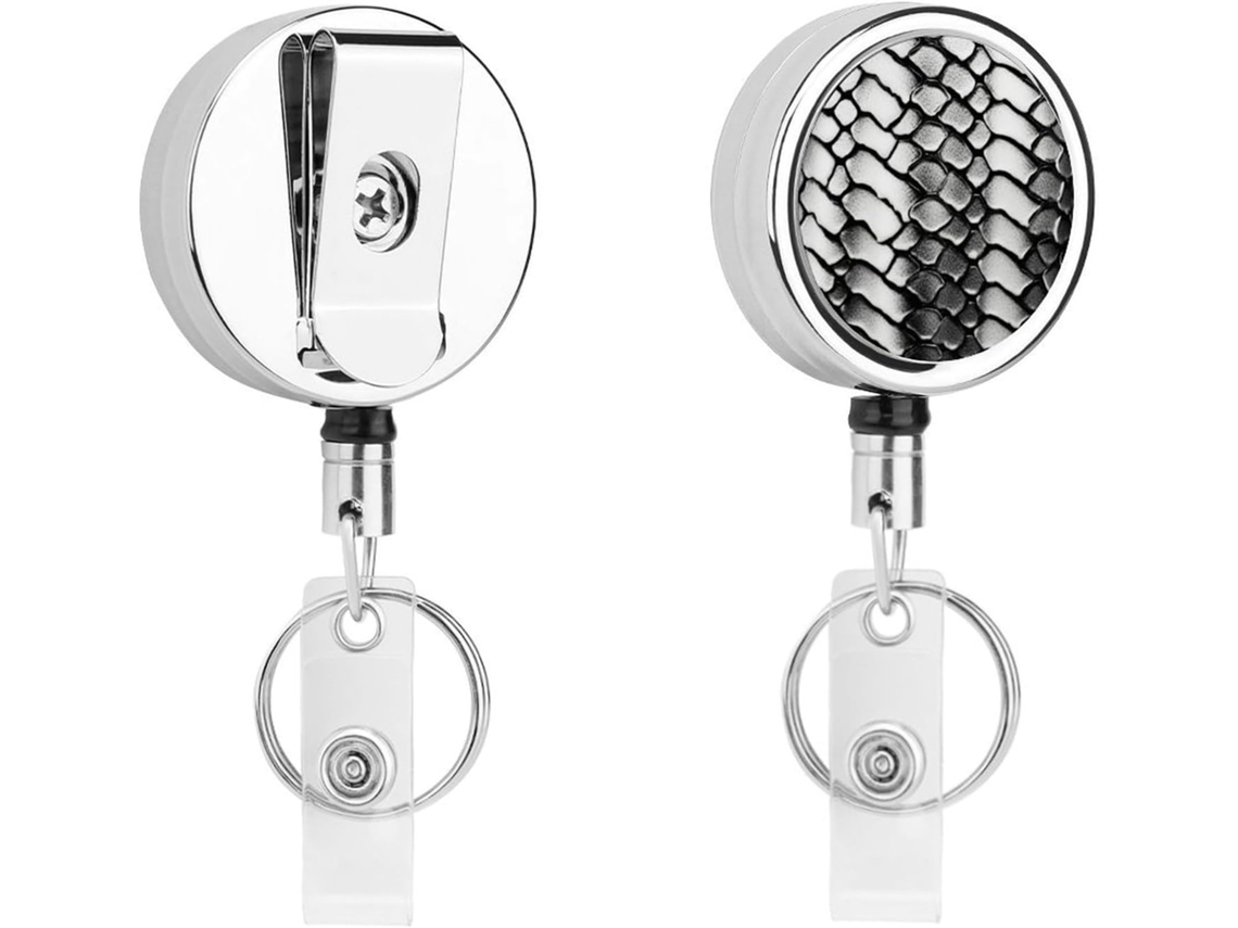 Porta Crachás Retrátil Em Metal Com Estampa De Pele Cobra Preta E Branca, Clipes Resistentes Crachás, Chaveiro