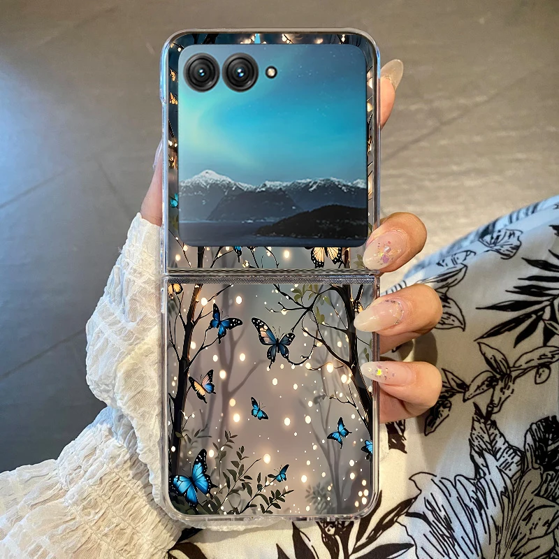 Capa Transparente Para Motorola Razr 40 Ultra Com Estampa De Borboletas E Floresta, Em Policarbonato Rígido À Prova De Choque.